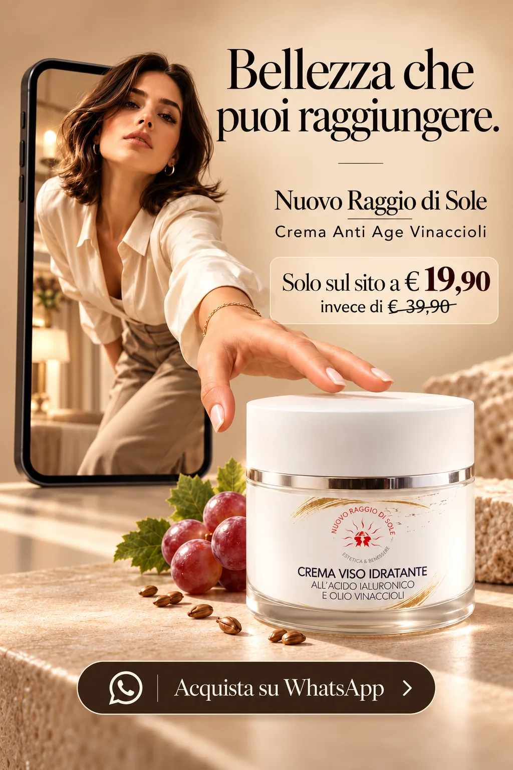 Offerta crema viso ai vinaccioli Nuovo Raggio di Sole: 19,90 euro invece di 39,90 euro, acquisto tramite WhatsApp